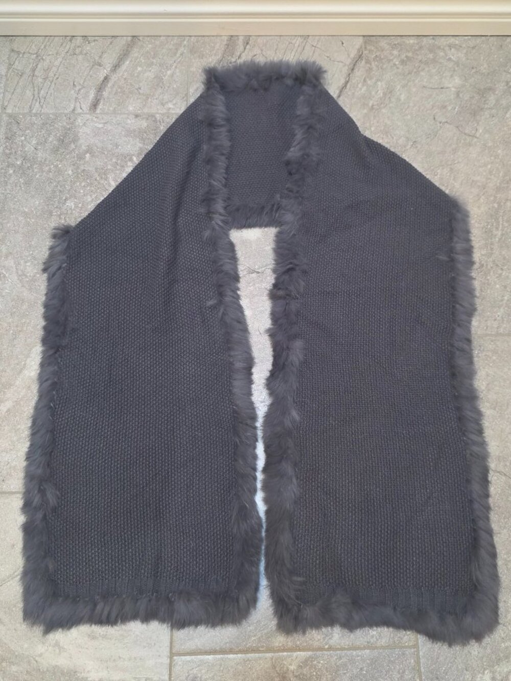 Dana Stein gray rabbit Fur knit Scarf grey 70 inches